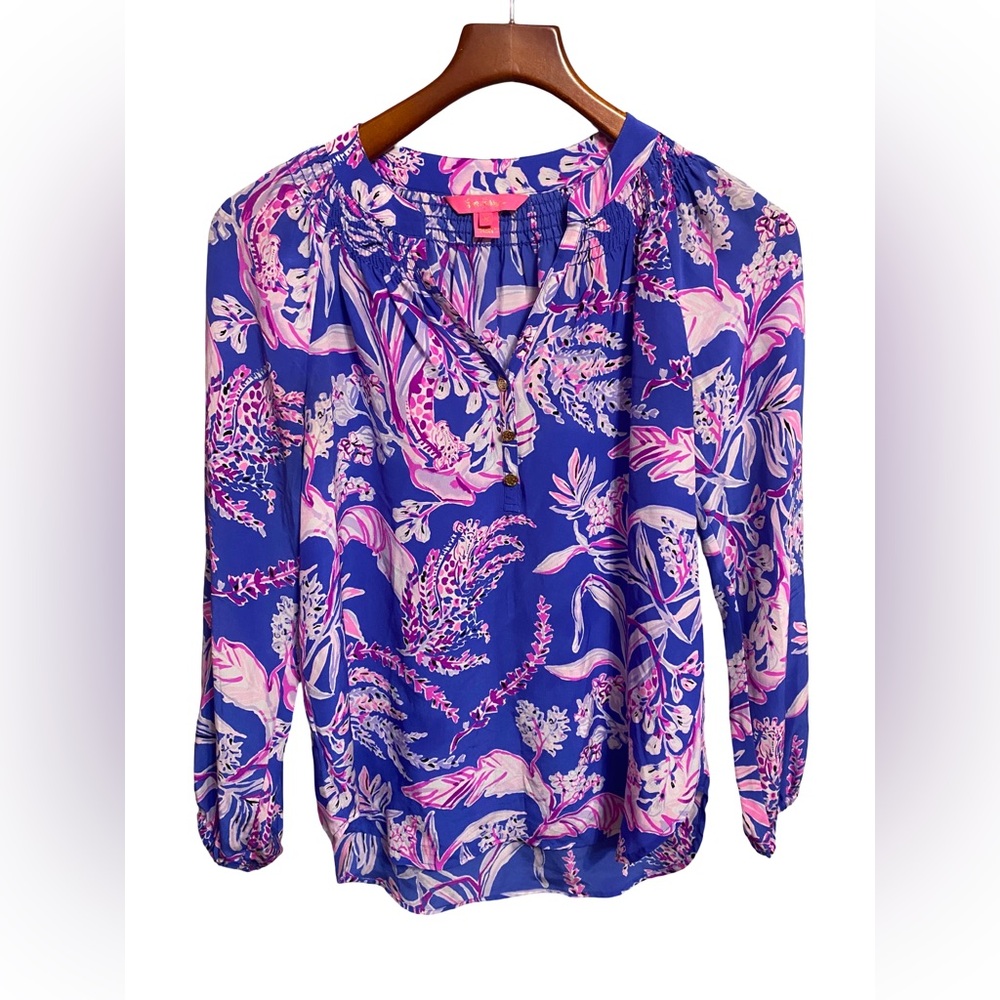 Lilly Pulitzer Elsa 100% Silk Top “Iris Blue Wild Within” Women’s Size Xs